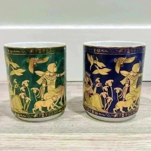 Egyptian Sculpture Coffee Mug Fine Royal Porcelain Set Of 2 Cups Gold Green Blue - Picture 4 of 7